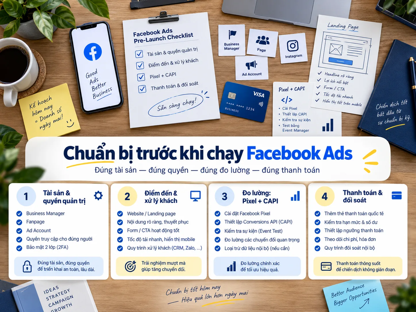 Checklist chuẩn bị tài sản điểm đến đo lường và thanh toán trước khi chạy Facebook Ads