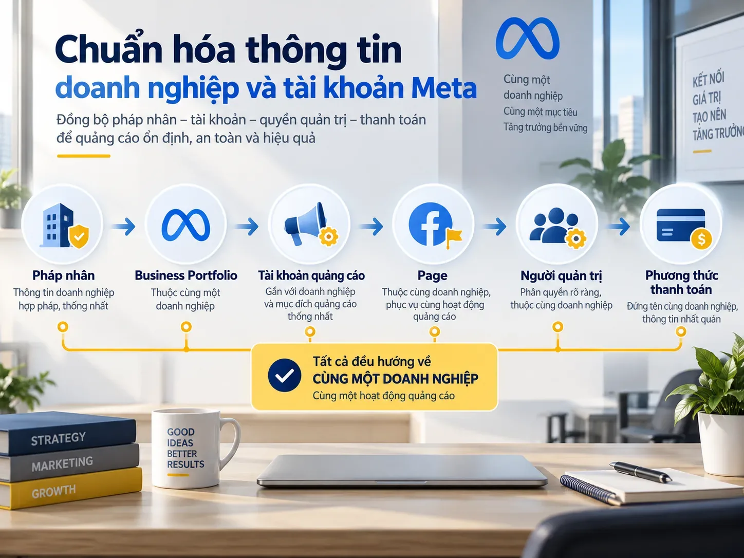 Chuỗi chuẩn hóa pháp nhân, Business Portfolio, tài khoản quảng cáo, Page, người quản trị và phương thức thanh toán Meta