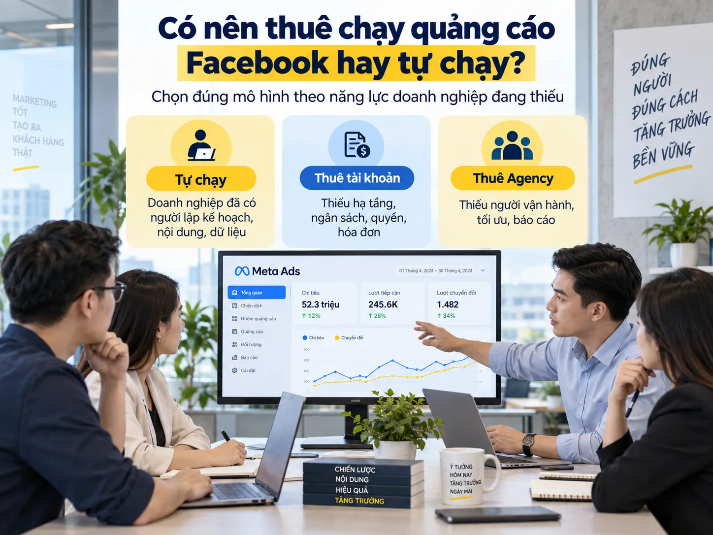 So sánh tự chạy, thuê tài khoản và thuê Agency Facebook Ads
