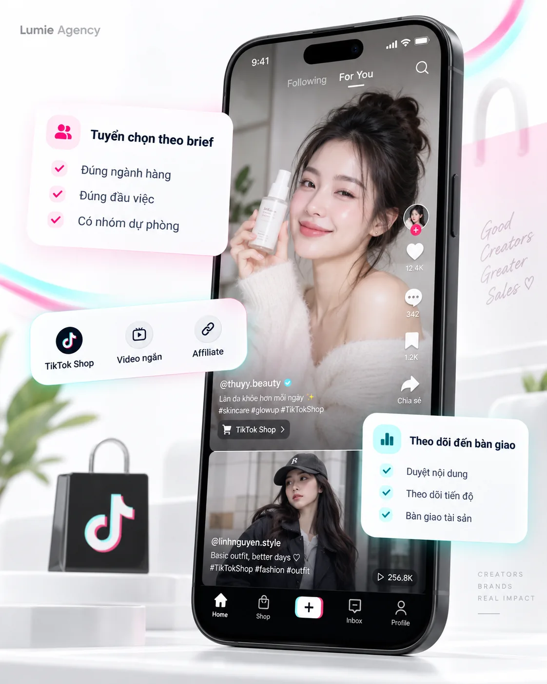 Minh họa creator TikTok Shop, Affiliate và quá trình theo dõi đến bàn giao