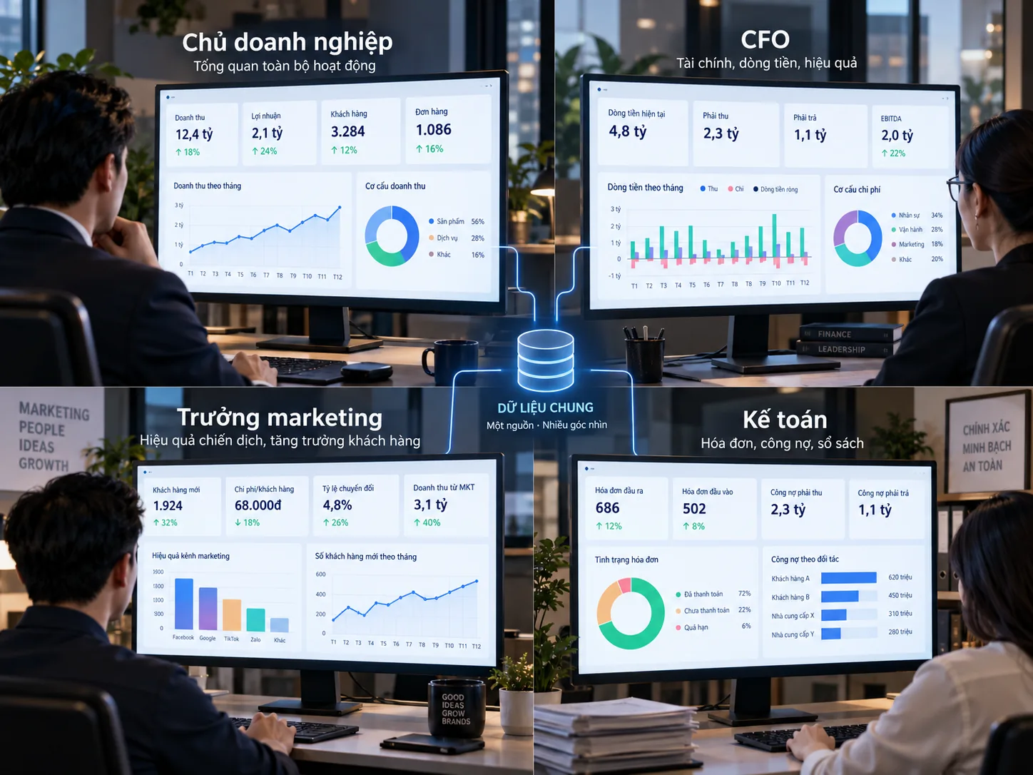 Bốn bảng điều khiển dùng chung dữ liệu cho chủ doanh nghiệp, CFO, marketing và kế toán