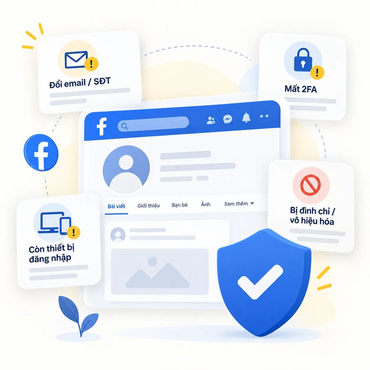 Minh họa các dấu hiệu tài khoản Facebook cá nhân bị hack gồm đổi email, mất 2FA, còn thiết bị đăng nhập và bị vô hiệu hóa