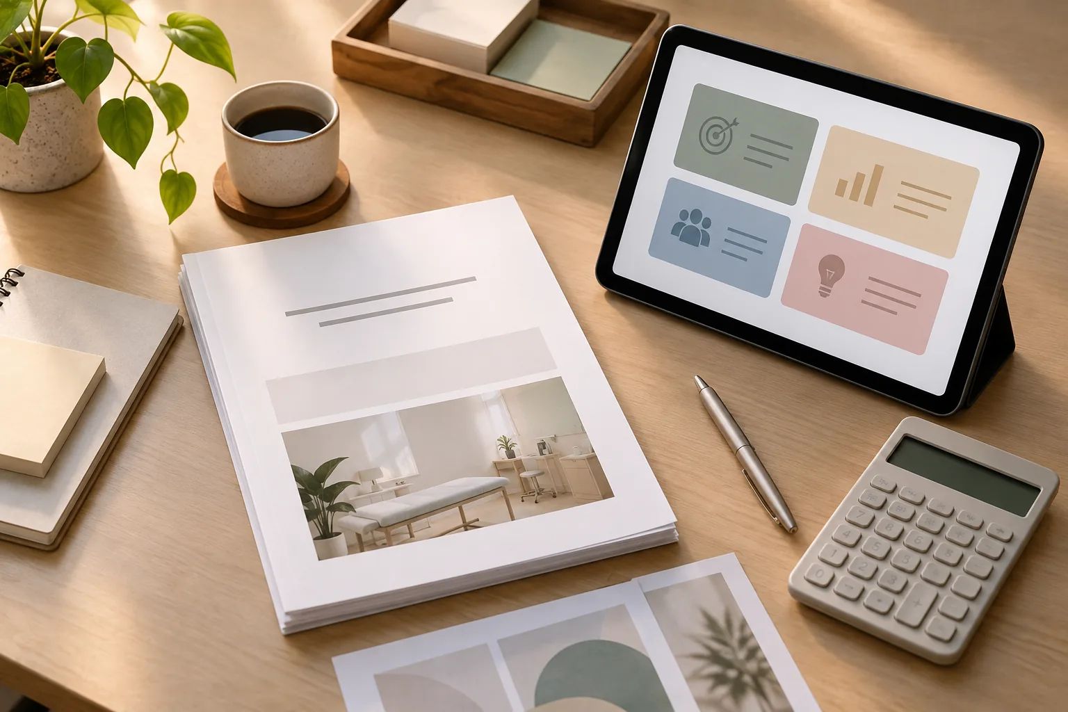 Bàn chuẩn bị đề xuất phạm vi và ngân sách marketing phòng khám, hình minh họa