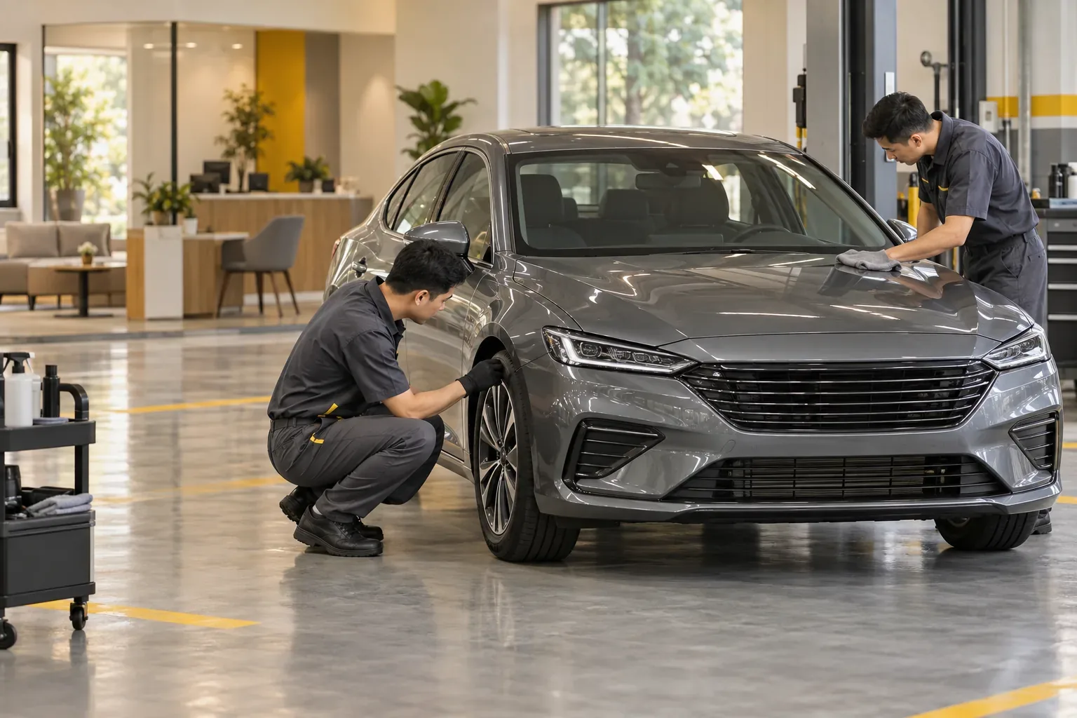 Xưởng chăm sóc xe minh họa nội dung quảng cáo dịch vụ hậu mãi