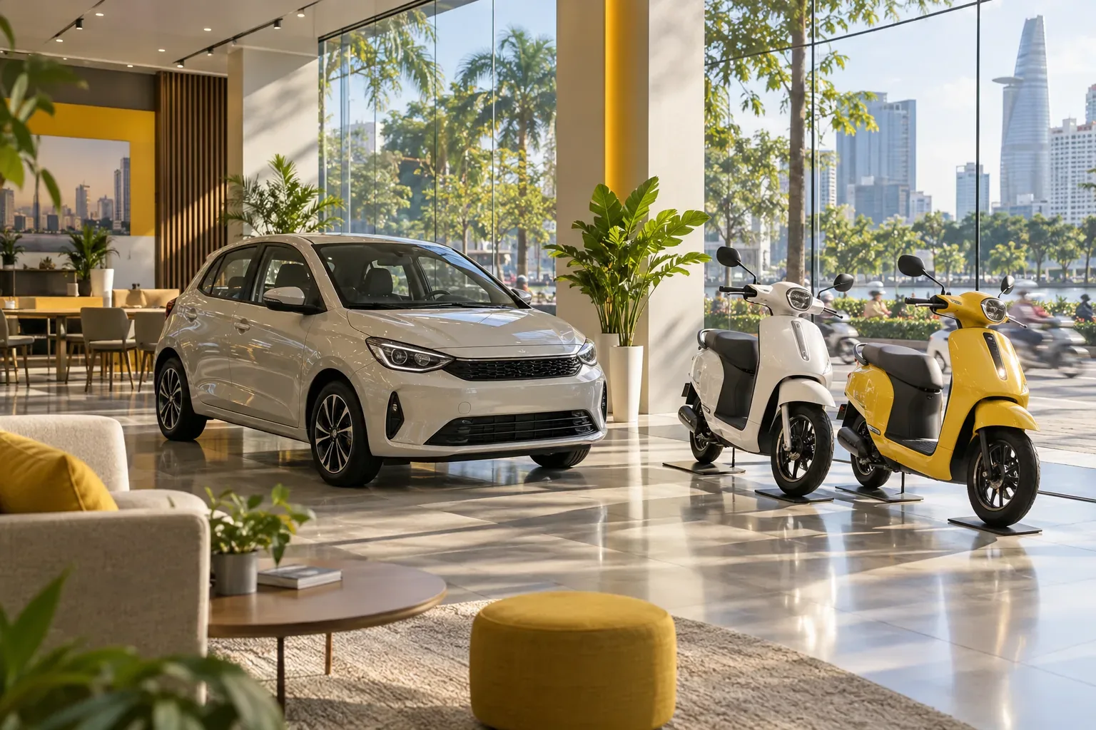 Điểm bán ô tô và xe máy minh họa việc quảng cáo theo khu vực tại TP.HCM