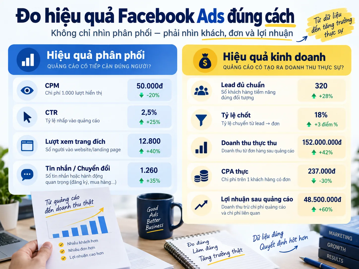 So sánh hiệu quả phân phối và hiệu quả kinh doanh của Facebook Ads