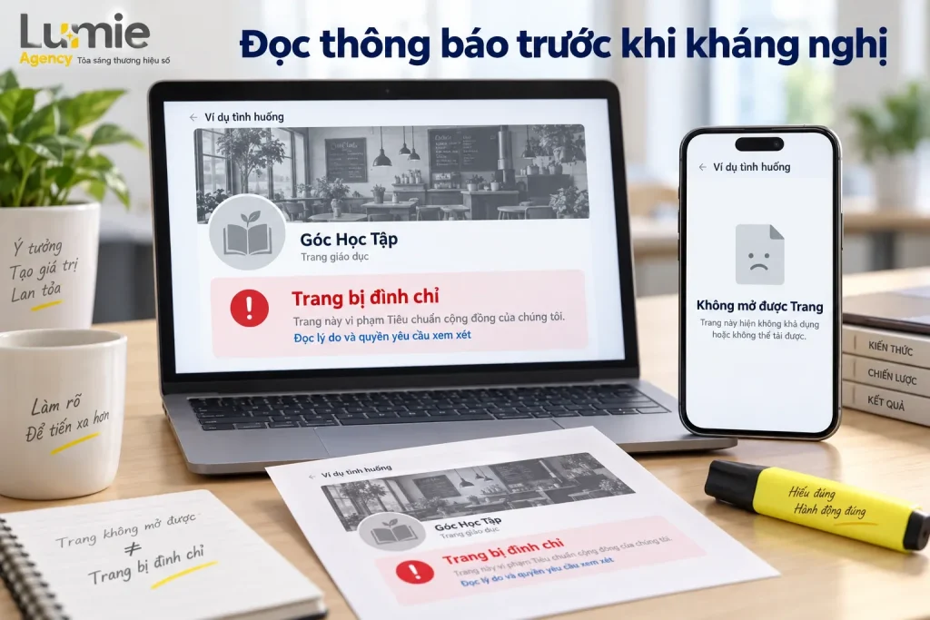 Đối chiếu thông báo đình chỉ với tình trạng không mở được Fanpage trong một ví dụ tình huống