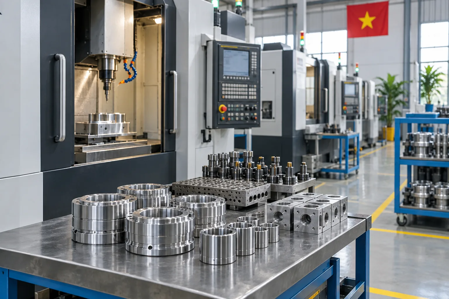 Khu gia công cơ khí với máy và chi tiết kim loại, hình minh họa