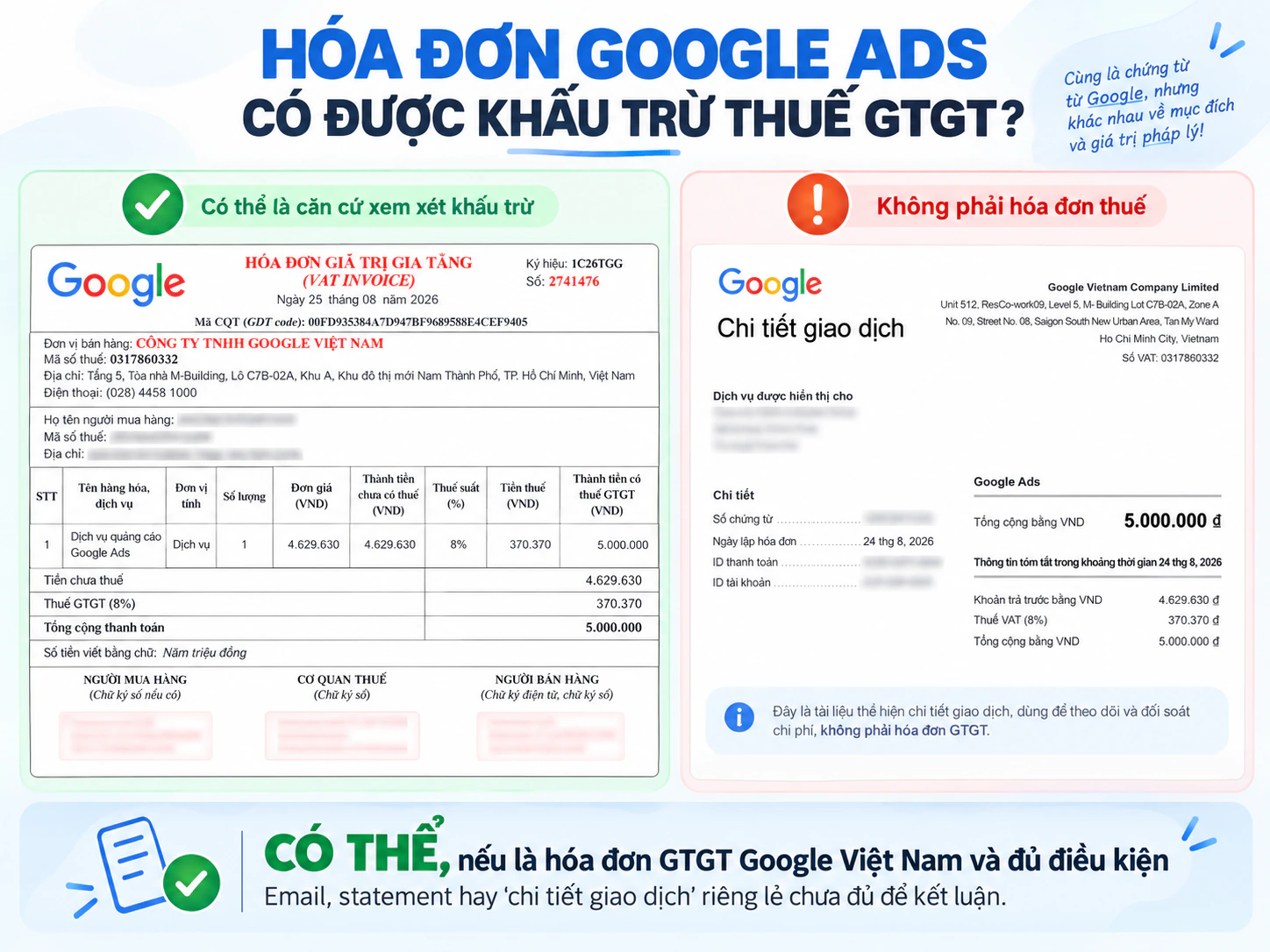 Phân biệt hóa đơn GTGT Google Việt Nam và chi tiết giao dịch Google Ads
