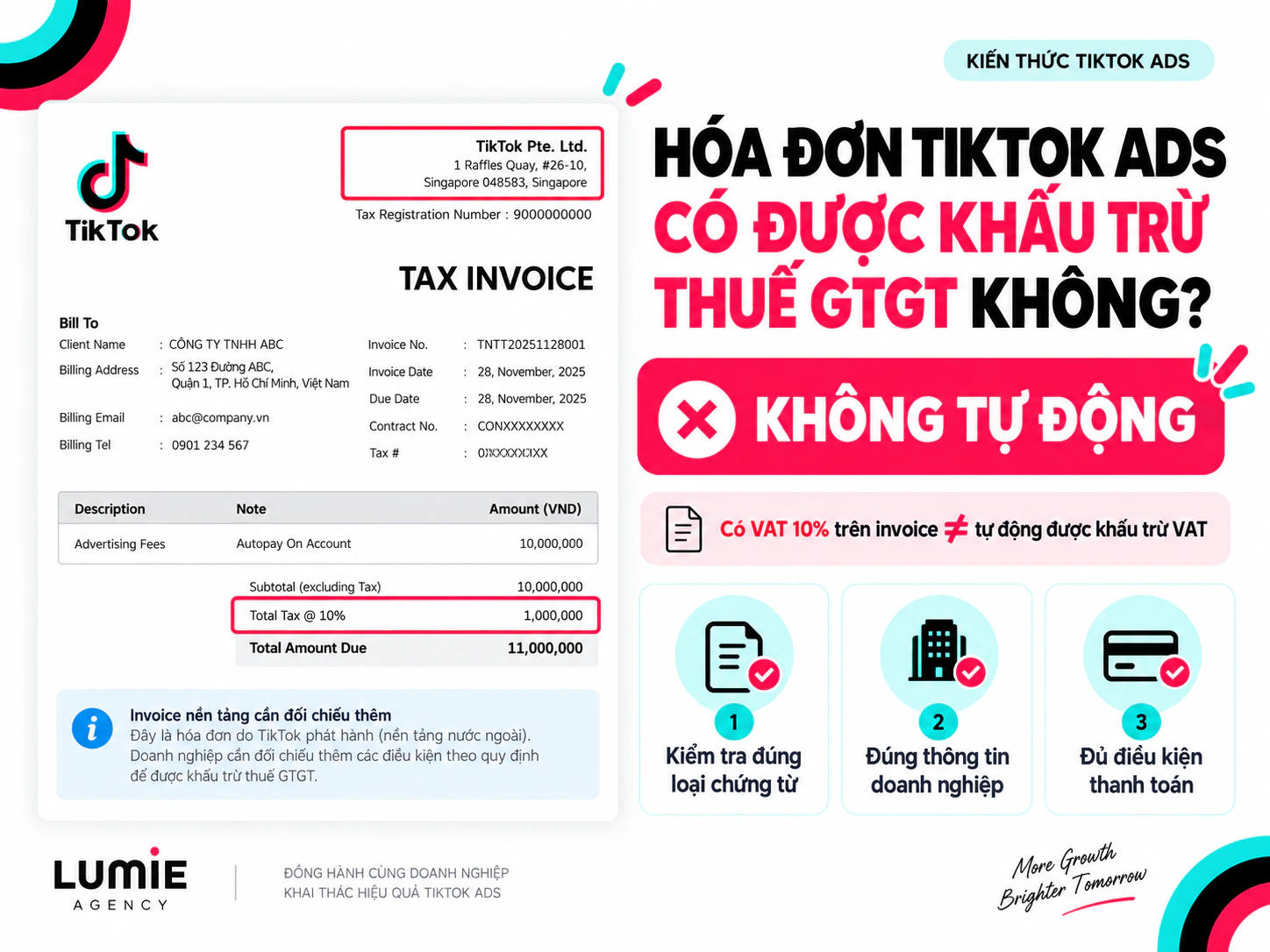 Hóa đơn TikTok Ads có VAT 10 phần trăm không tự động được khấu trừ thuế GTGT