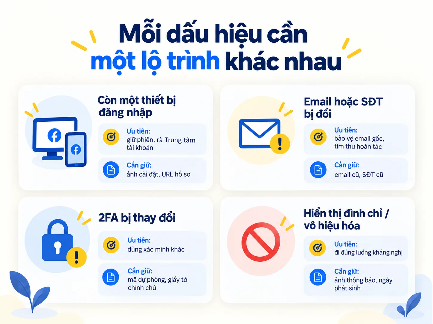 Lộ trình ưu tiên theo từng dấu hiệu tài khoản Facebook bị hack