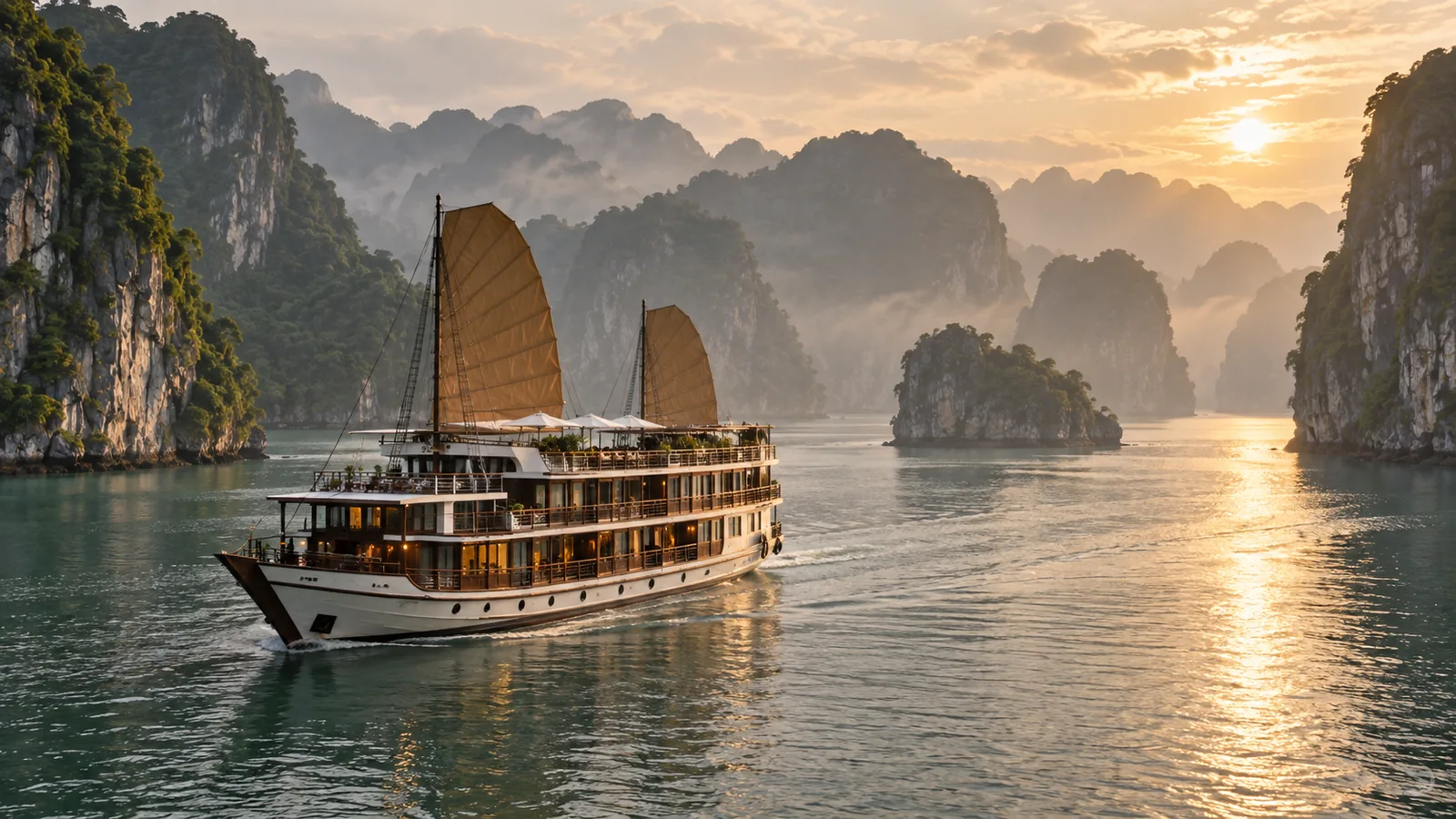 Tàu du lịch đi qua cảnh núi đá vôi lúc chiều tà