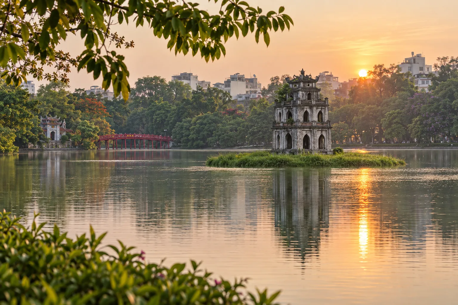 Hồ Hoàn Kiếm và Tháp Rùa Hà Nội trong ánh bình minh