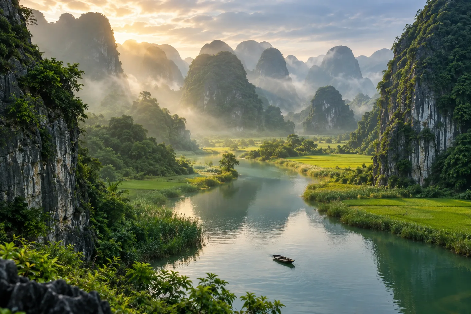 Sông và núi đá vôi Ninh Bình trong sương sớm