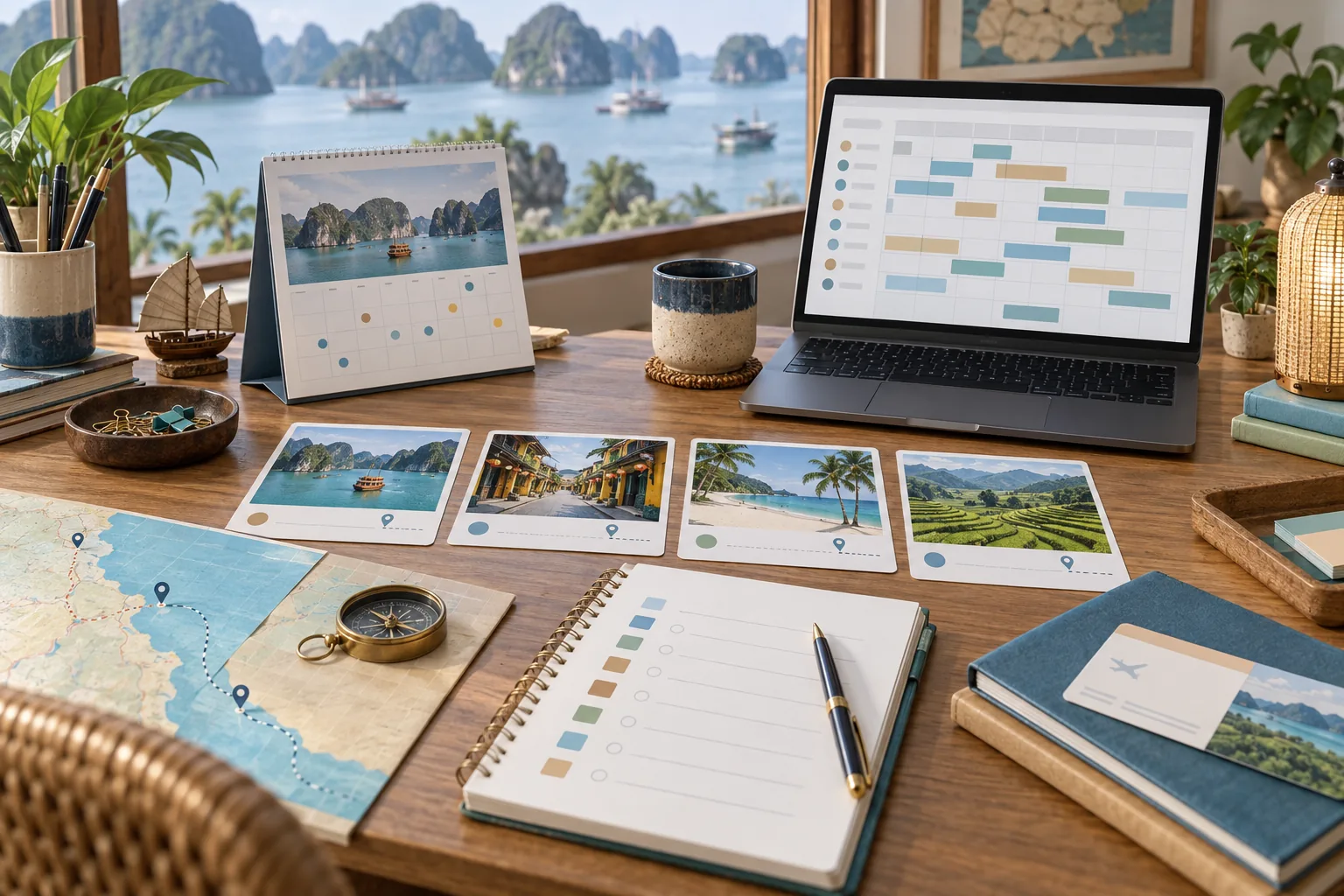 Bàn điều phối lịch khởi hành và booking du lịch minh họa