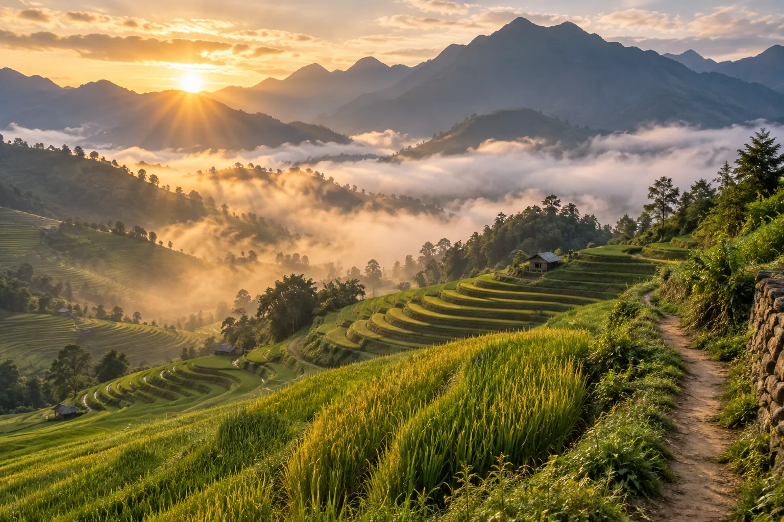 Ruộng bậc thang vùng núi phía Bắc trong ánh bình minh
