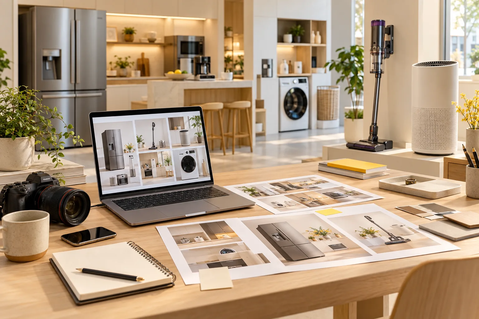Minh họa chuẩn bị hình ảnh và danh mục sản phẩm cho marketing điện máy gia dụng