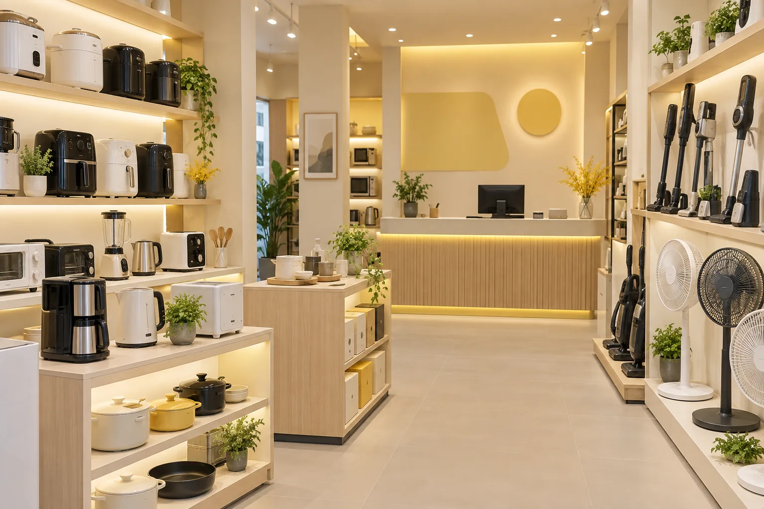 Cửa hàng thiết bị gia dụng nhỏ minh họa nhóm khách mua tại điểm bán