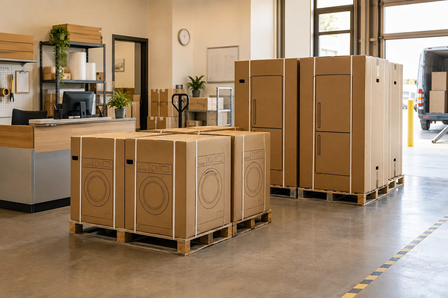Thiết bị điện máy đóng gói chờ giao minh họa bước đáp ứng đơn hàng