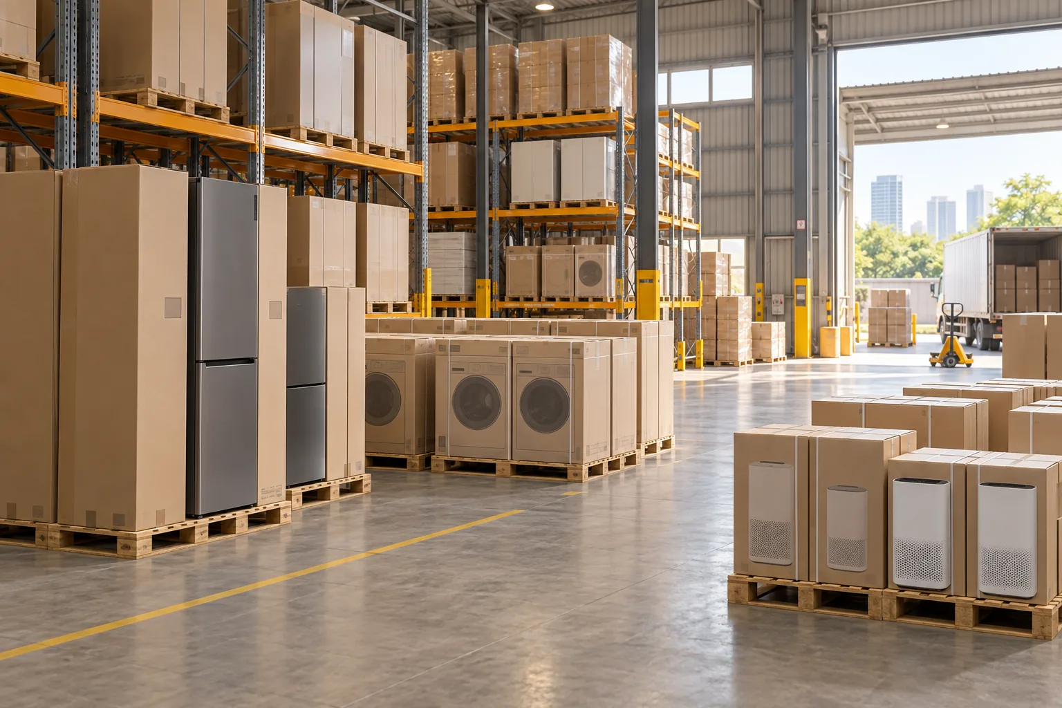 Kho phân phối thiết bị gia dụng minh họa khâu chuẩn bị hàng cho điểm bán