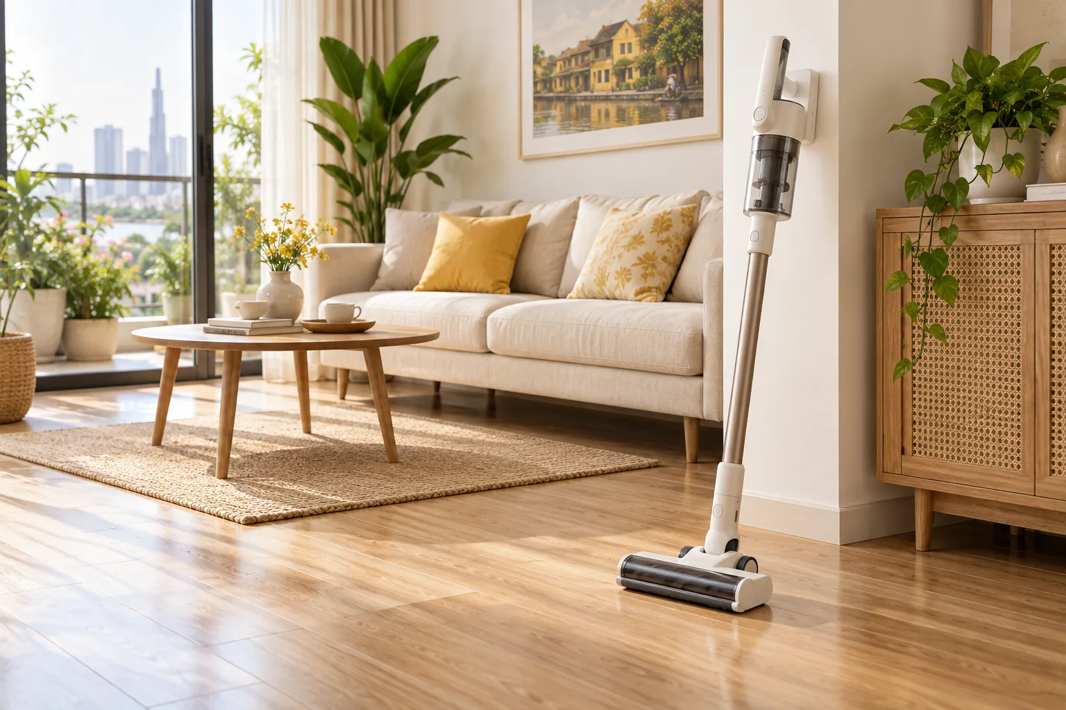 Máy hút bụi trong phòng khách minh họa nội dung trải nghiệm sản phẩm