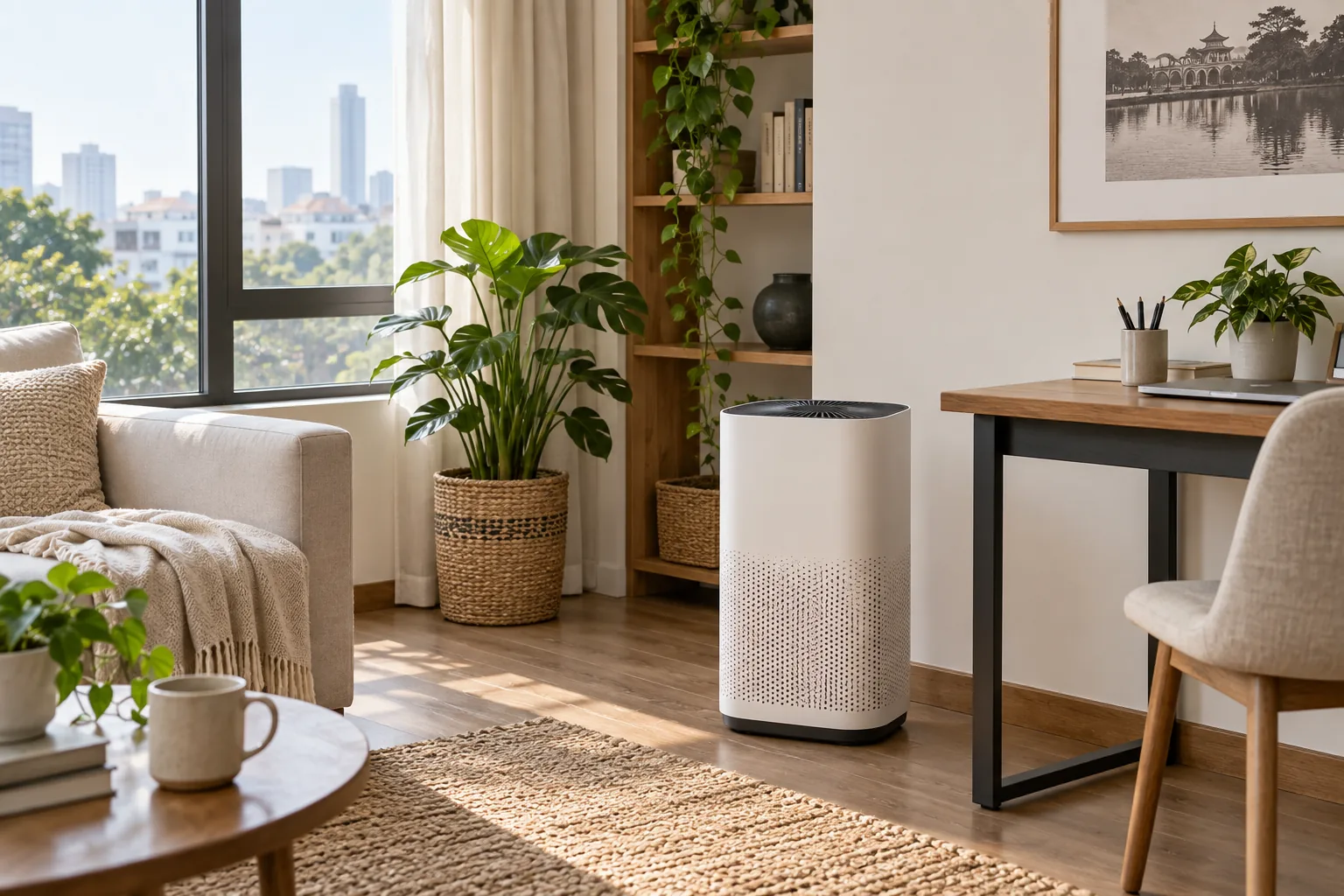 Máy lọc không khí trong không gian sống minh họa bối cảnh dùng thiết bị