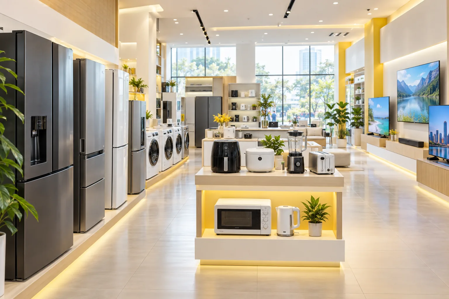 Không gian showroom điện máy và gia dụng minh họa điểm bán nhiều nhóm hàng