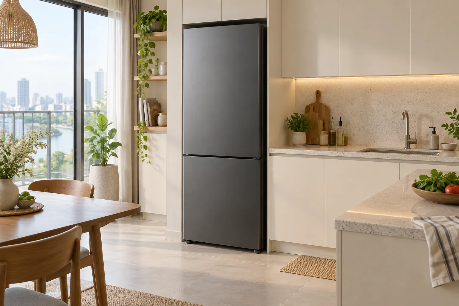 Tủ lạnh đặt trong gian bếp minh họa bối cảnh dùng sản phẩm điện máy