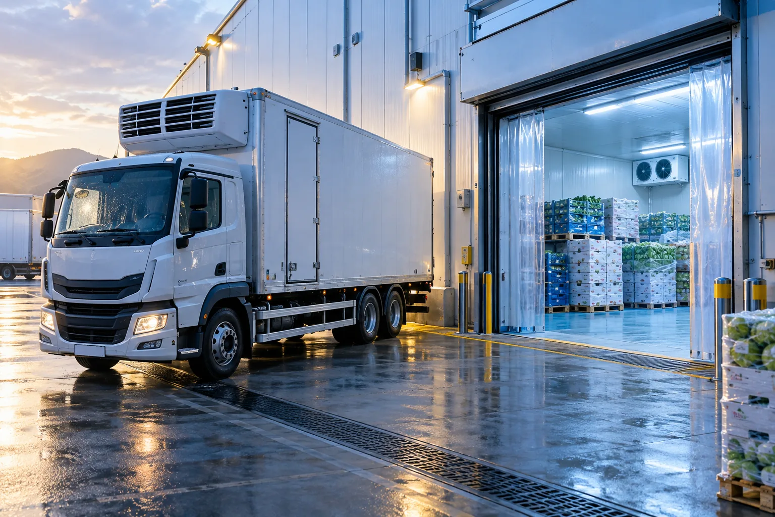 Xe tải lạnh và kho bảo quản minh họa logistics chuỗi lạnh