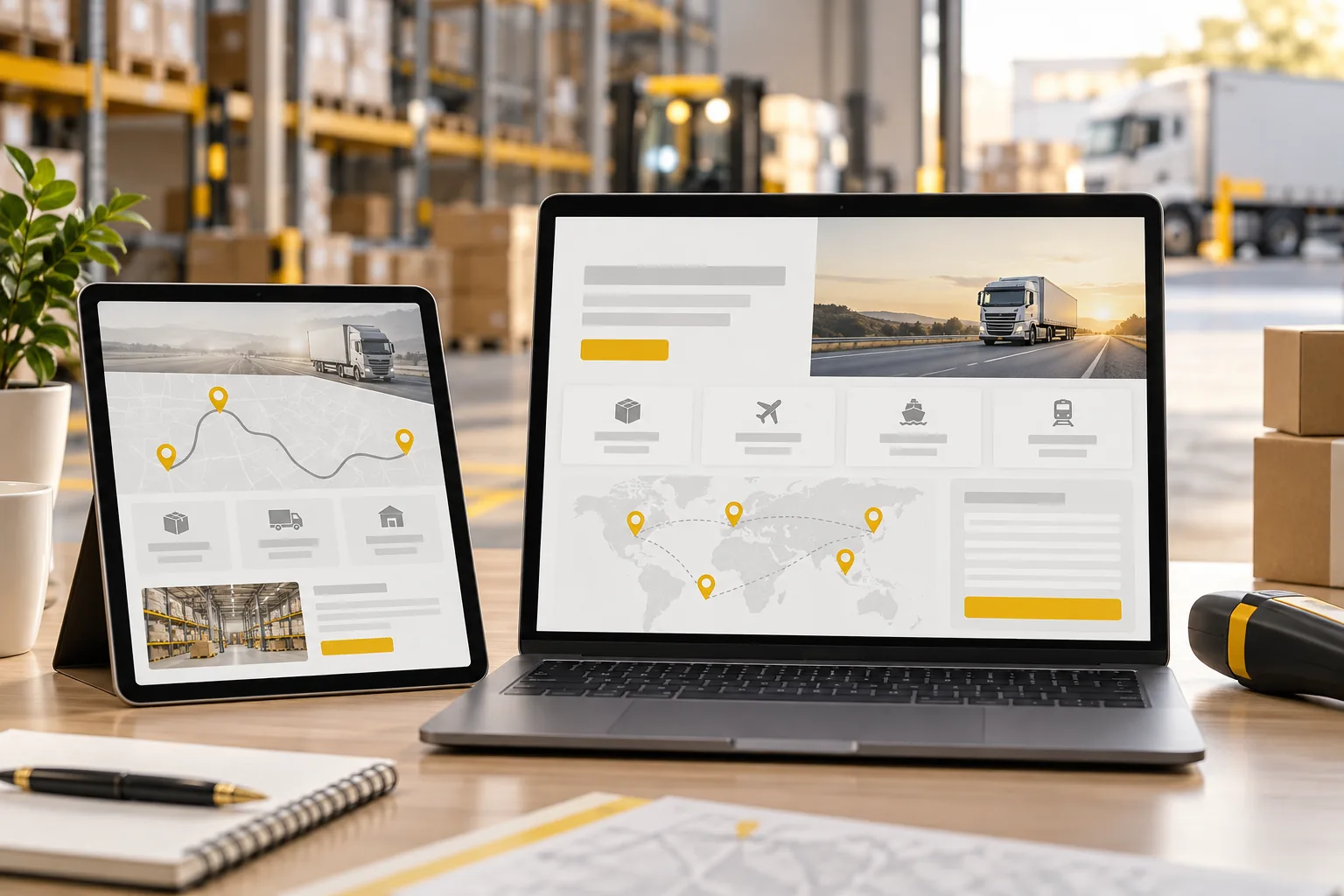 Trang đích dịch vụ logistics minh họa trên máy tính và máy tính bảng