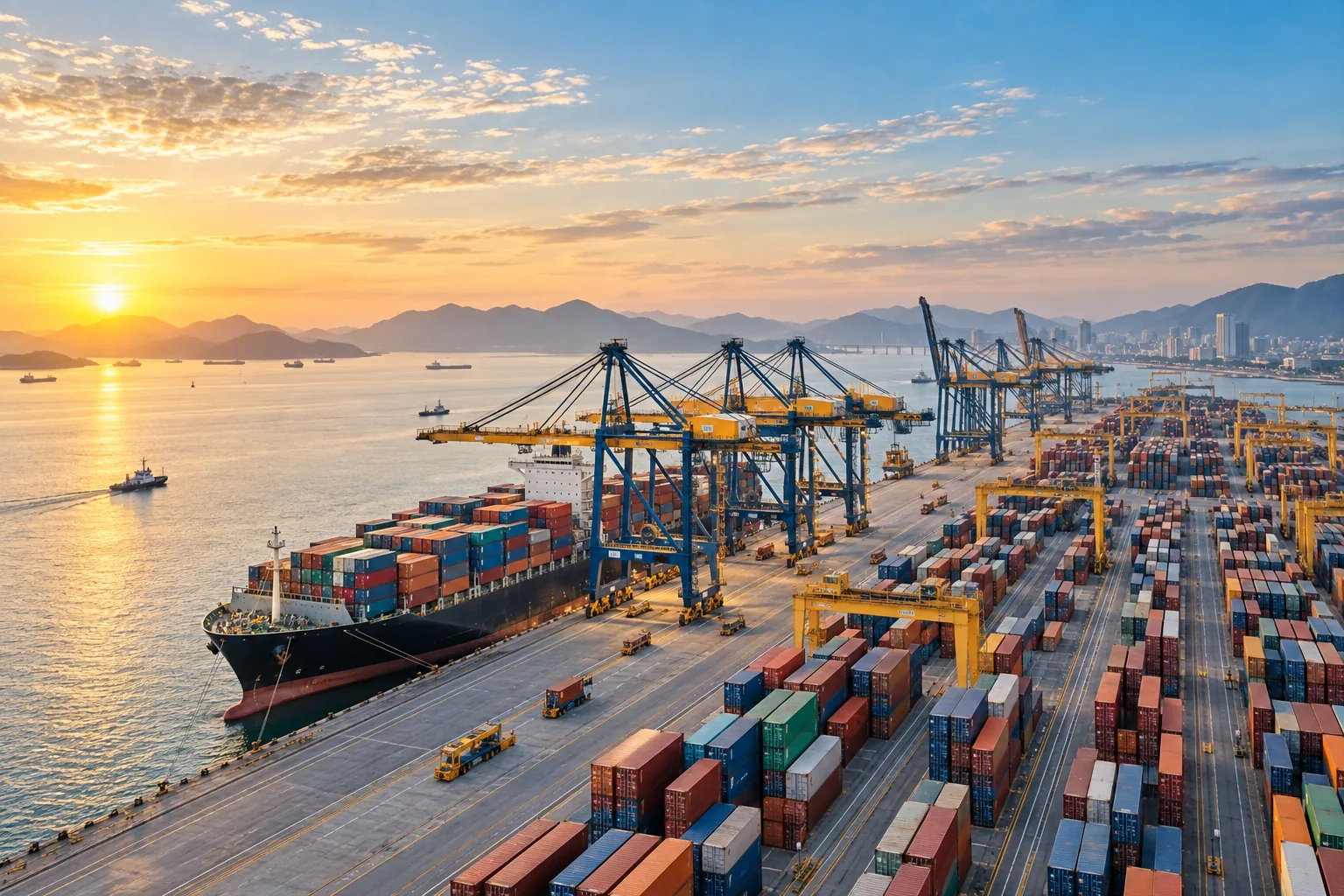 Cảng container và tàu hàng lúc bình minh minh họa dịch vụ logistics