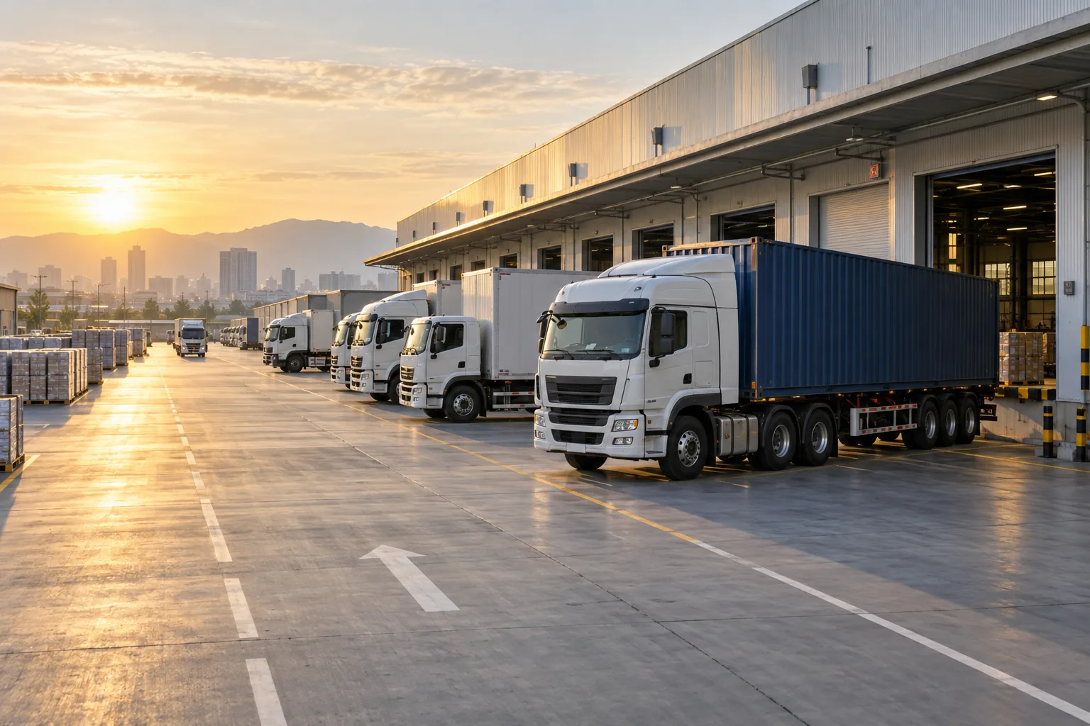 Đội xe tải container tại trung tâm phân phối minh họa vận tải hàng hóa