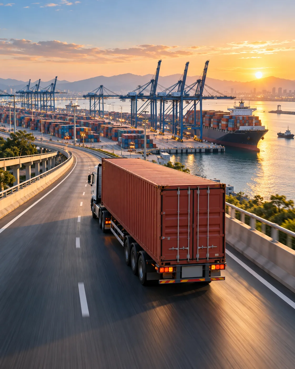 Xe container đến cảng minh họa khung video dọc