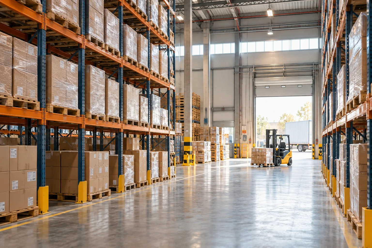 Kho hàng hiện đại và khu bốc xếp minh họa dịch vụ lưu kho