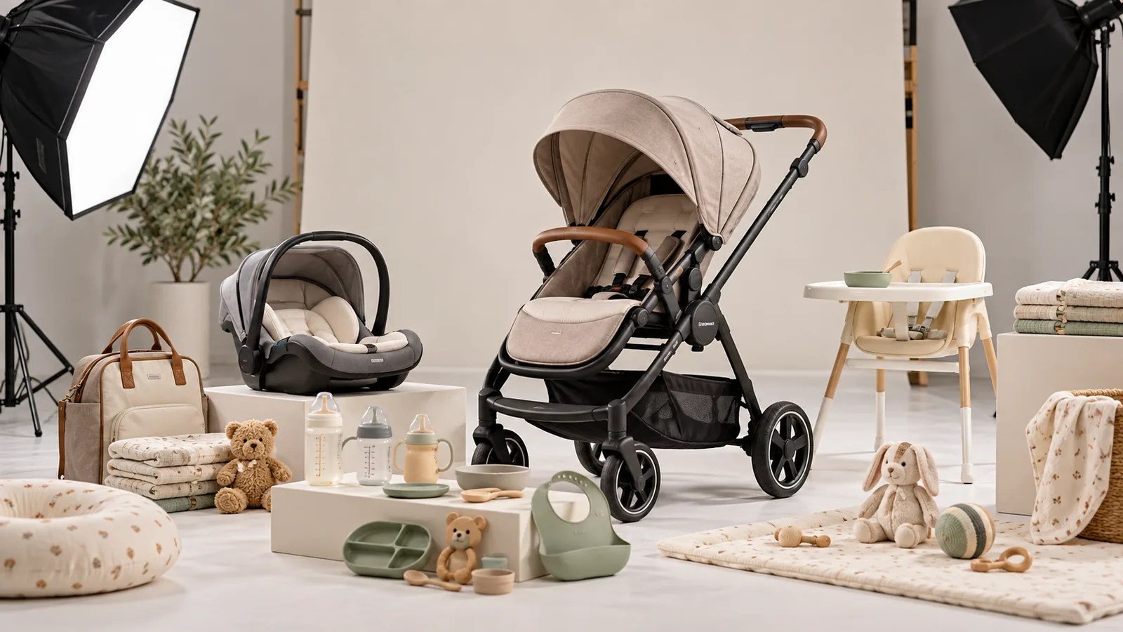 Bối cảnh chụp ảnh xe đẩy và sản phẩm mẹ bé minh họa sản xuất nội dung
