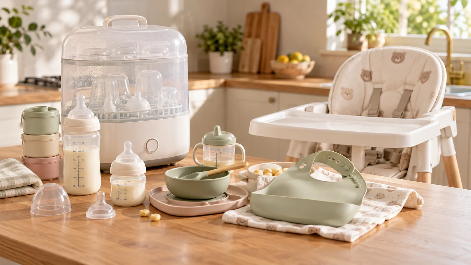 Đồ dùng ăn dặm và chăm sóc bé được trưng bày minh họa