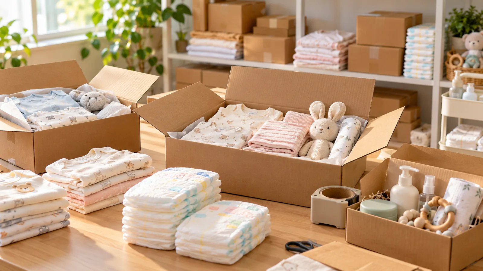 Đồ dùng mẹ và bé đang được chuẩn bị đóng gói minh họa