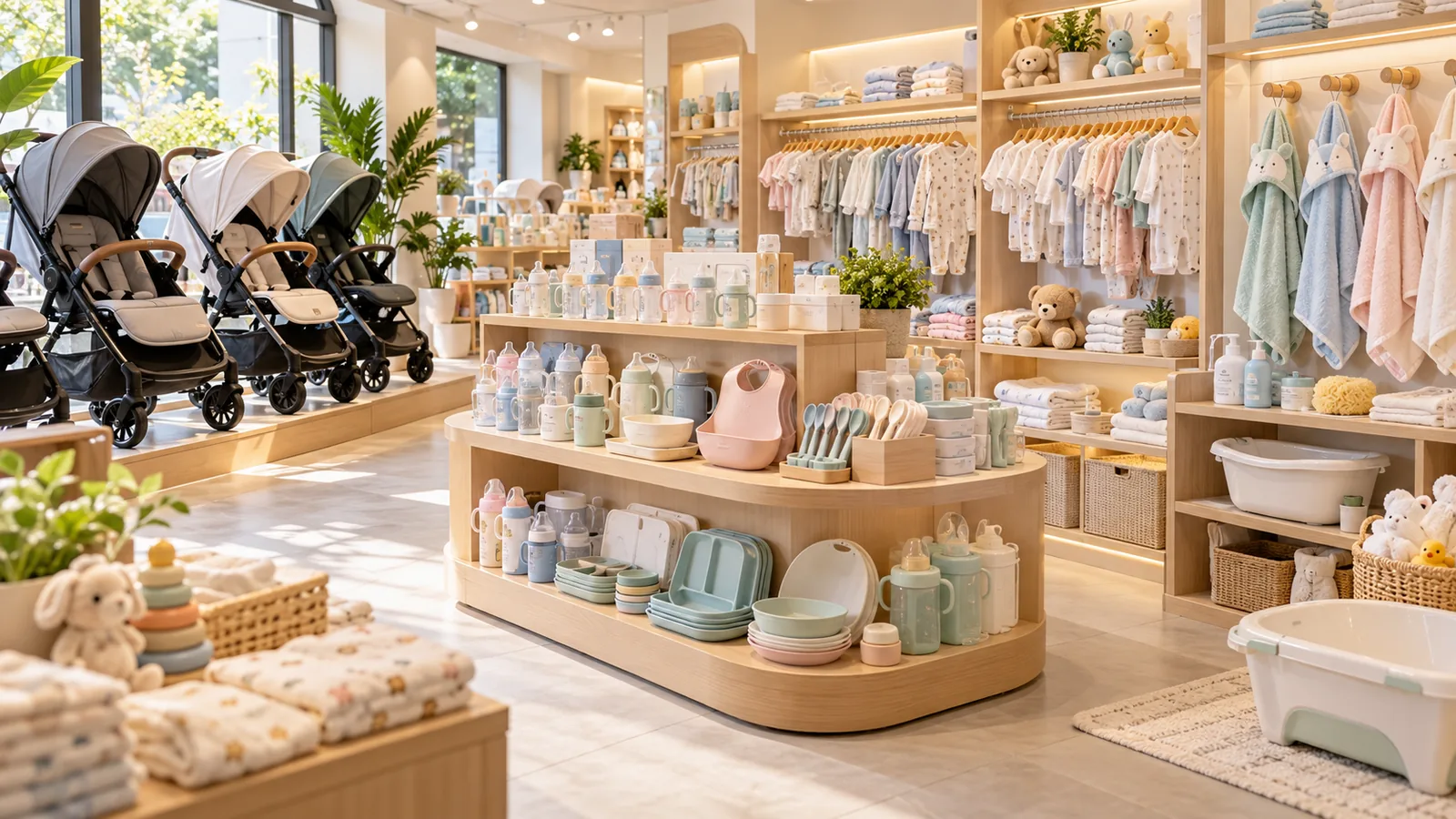 Showroom mẹ và bé với các khu trưng bày sản phẩm minh họa