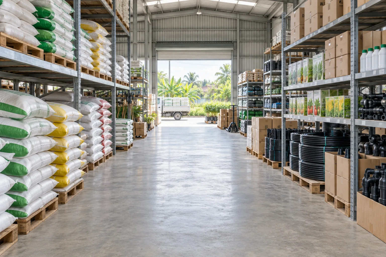 Kho phân phối vật tư nông nghiệp và hệ thống tưới minh họa nhu cầu tìm đại lý