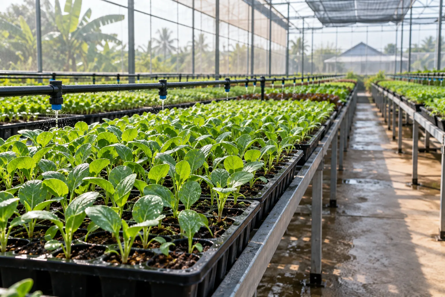 Khay cây giống trong nhà kính minh họa chiến dịch cho doanh nghiệp giống cây