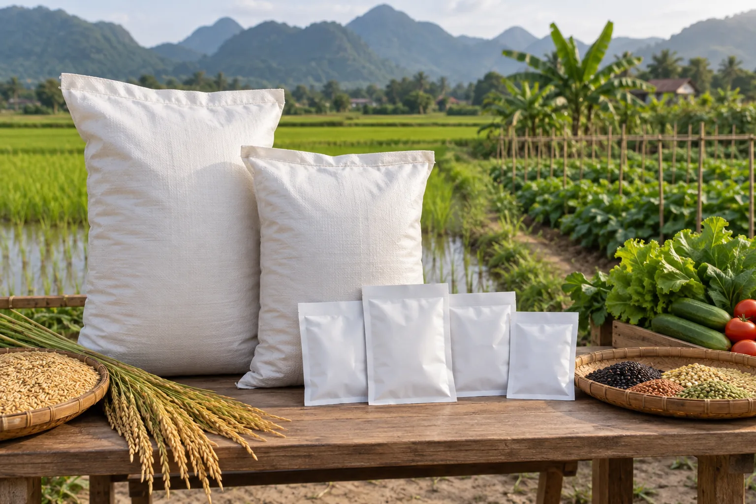 Bao bì vật tư nông nghiệp không nhãn đặt cạnh cánh đồng minh họa nhóm sản phẩm