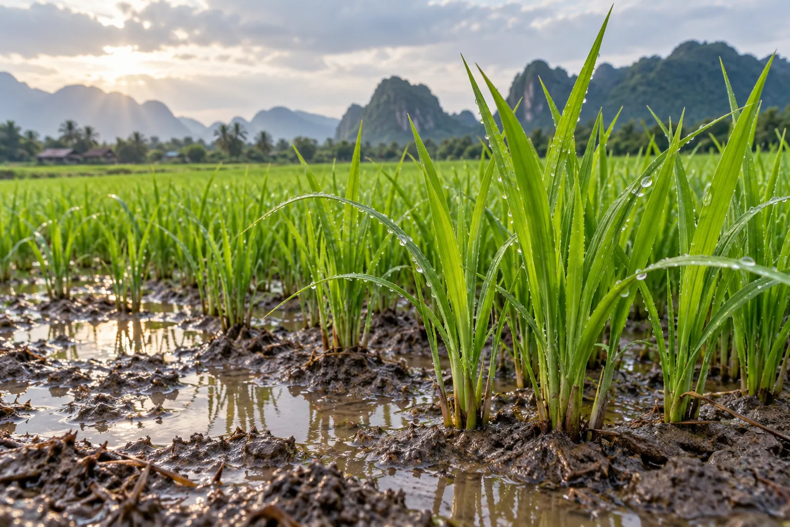 Mạ non trên ruộng nước minh họa nội dung quảng cáo nông nghiệp