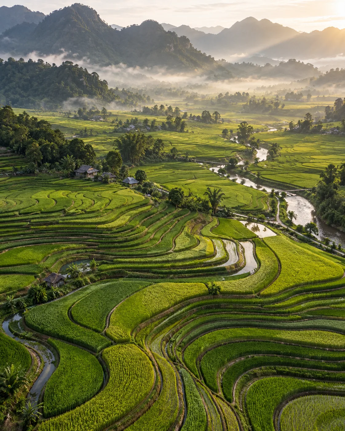 Khung cảnh ruộng bậc thang minh họa bố cục video dọc