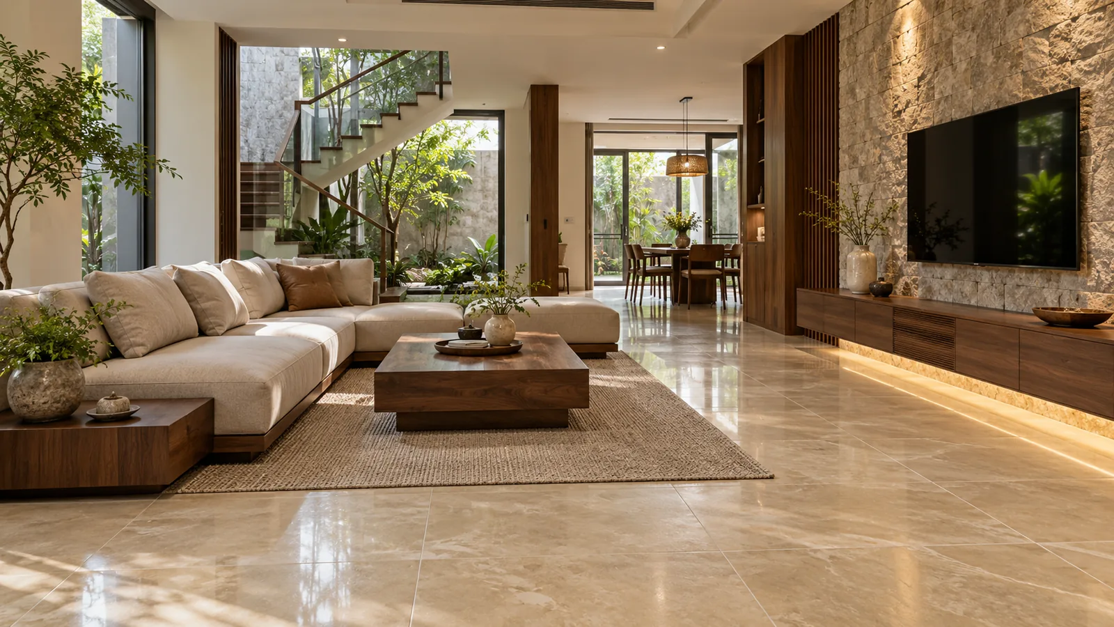 Gạch và đá trong không gian nhà ở minh họa ứng dụng vật liệu