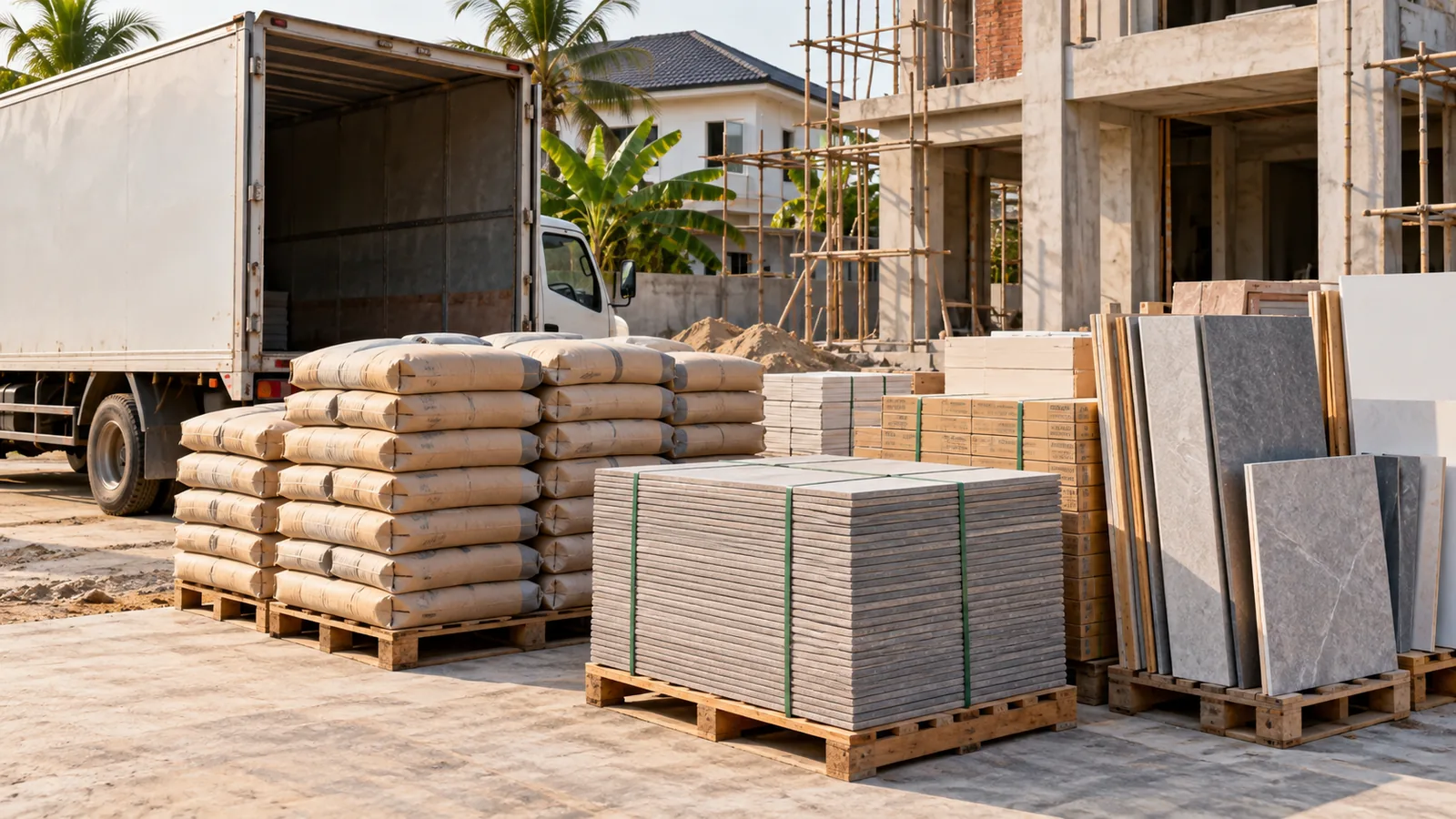 Lô vật liệu chuẩn bị giao tới công trình minh họa