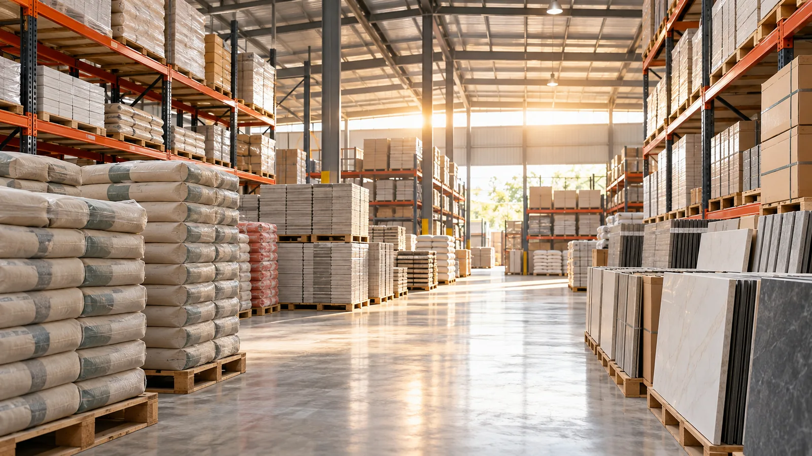 Kho phân phối vật liệu xây dựng với hàng trên pallet minh họa