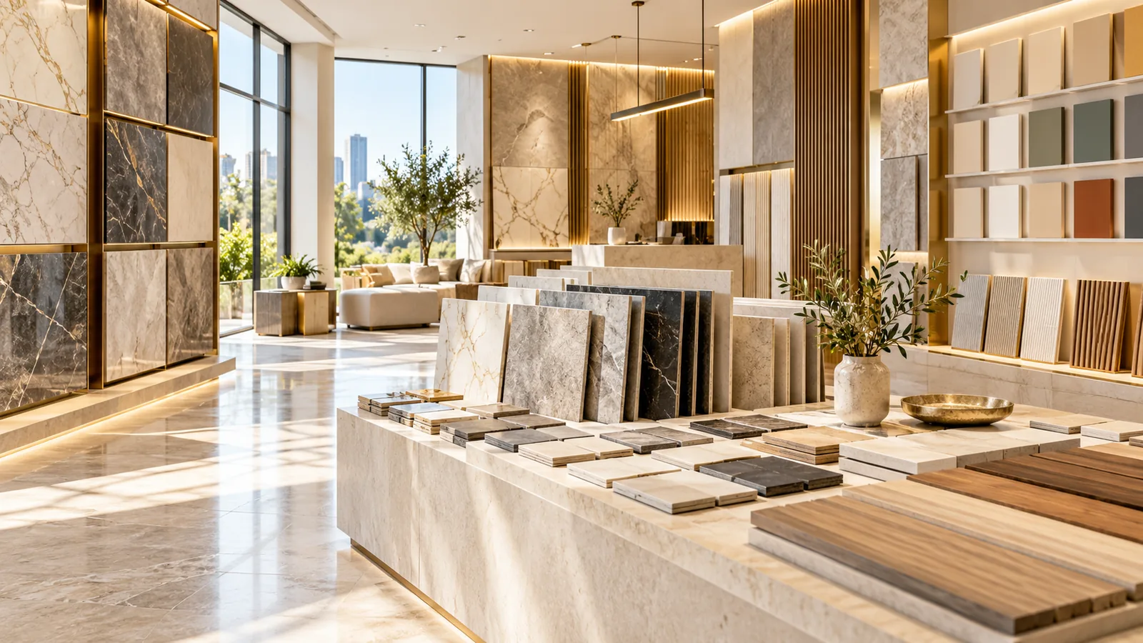 Showroom vật liệu hoàn thiện với gạch, đá và mẫu bề mặt minh họa