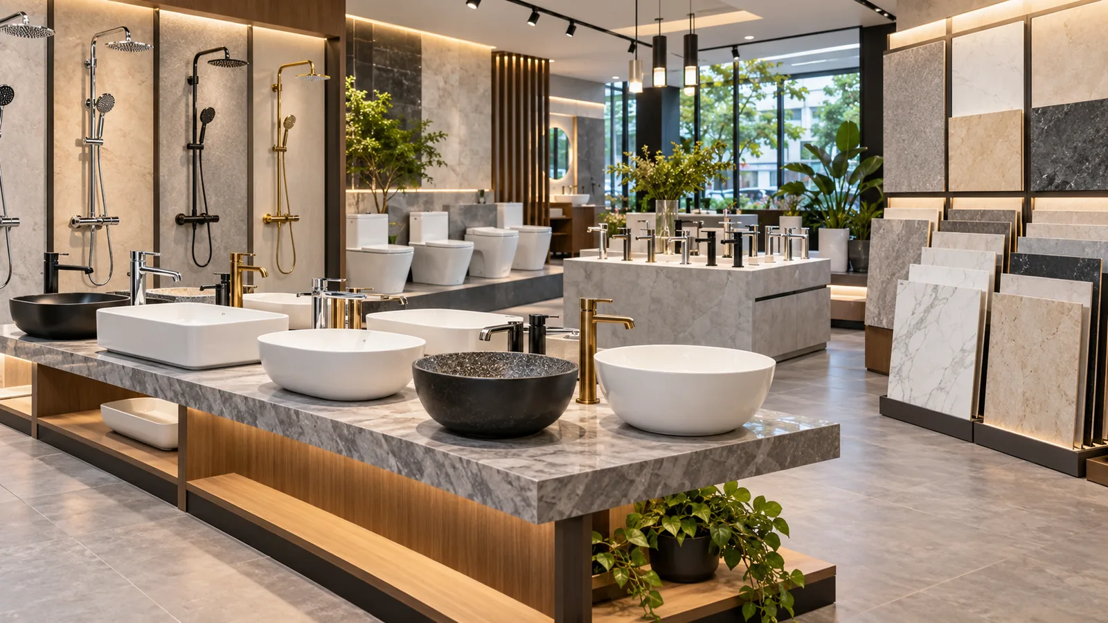 Không gian trưng bày thiết bị vệ sinh và mẫu ốp lát minh họa