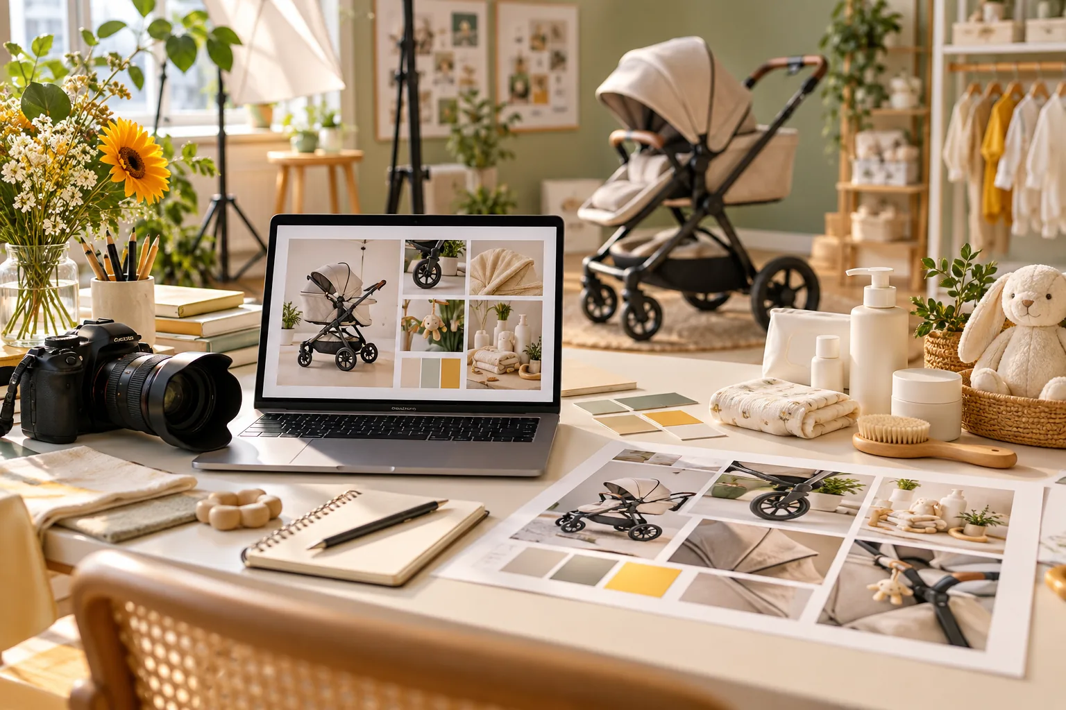 Bối cảnh studio chuẩn bị hình ảnh và kế hoạch nội dung sản phẩm mẹ và bé