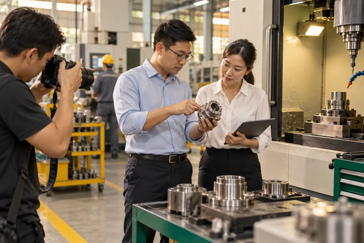 Người phụ trách kỹ thuật giới thiệu linh kiện tại xưởng cho đội sản xuất nội dung